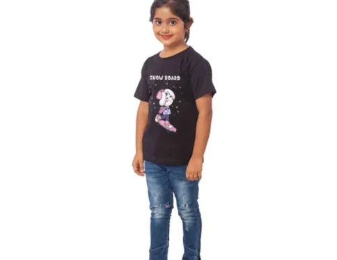 Generic Girls Cotton Snow Board Half Sleeve TShirt (Black)