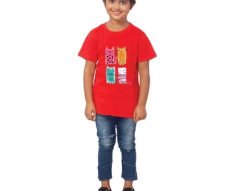 Generic Girls Cotton Cat Half Sleeve TShirt (Red)