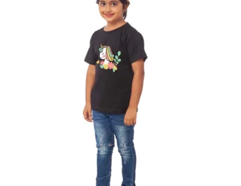 Generic Girls Cotton Unicorn Face Half Sleeve TShirt (Black)