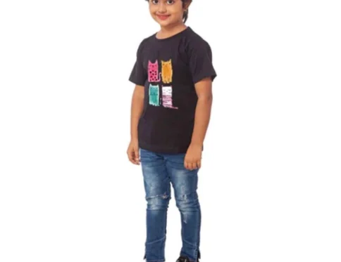 Generic Girls Cotton Cat Half Sleeve TShirt (Black)