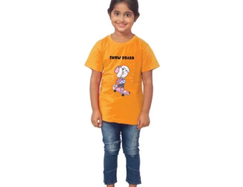 Generic Girls Cotton Snow Board Half Sleeve TShirt (Mustard)