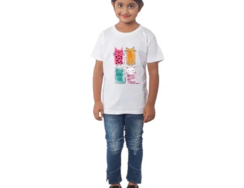 Generic Girls Cotton Cat Half Sleeve TShirt (White)