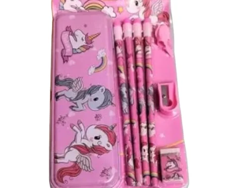 8_Pcs Set Unicorn Metal Pencil Box With 4 Pencils, 1 Sharpner, 1 Eracer And 1 Pencil Cap| Metal Box| Stationery | 3+ Years