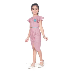 Generic Girl's Knitted Striped Short Sleeve Close Neck Dress (Pink)