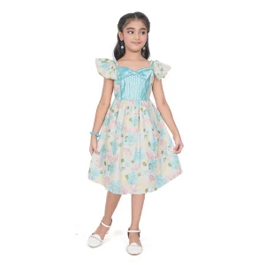 Generic Girl's Popcorn Printed Short Sleeve Squre Neck Dress (Sky Blue)