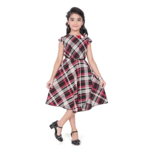 Generic Girl's Lycra Checks Striped Short Sleeve Round Neck Dress (Pink)