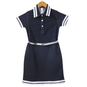Generic Girl's Denim Lycra Ribbed Elasticated Dress with Belt (Navy Blue-White)