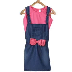 Generic Girl's Denim & Cotton Bow Sleeveless Dungaree (Pink)