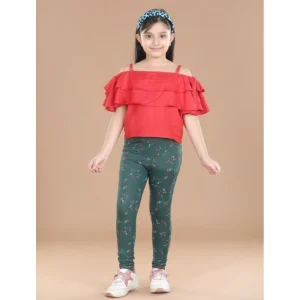 Generic Girl's Cotton Lycra Floral Elasticated Jeggings (Bottle Green)