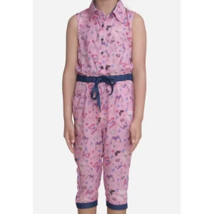 Generic Girl's Cotton Printed Sleeveless Jumpsuit (Pink)