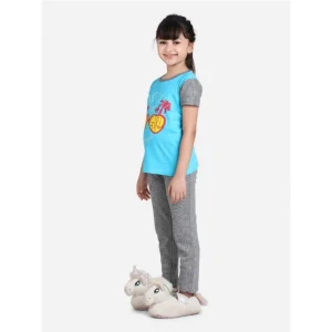 Generic Girl's Cotton Hosiery Printed Night Suit Set (Blue-Grey)