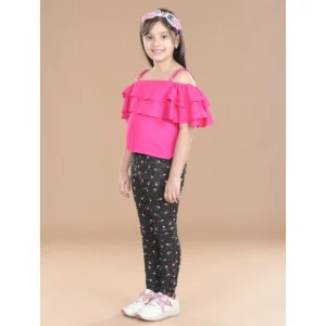 Generic Girl's Cotton Floral Elasticated Jegging and Top Set (Pink)