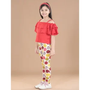 Generic Girl's Cotton Floral Elasticated Jegging and Top Set (Red)