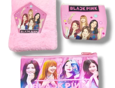 3 in 1 Black Pink BTS Stationery Set With 2 Pouchs And 1 Packet Dairy | Soft Furr | Stationery | 5+ Years