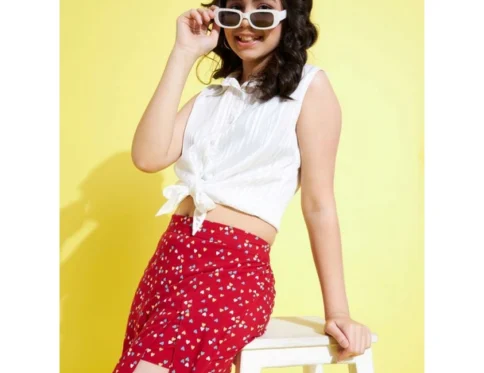 Generic Girl’s Polyester Lurex Printed Sleeveless Skorts Set (White-Red)