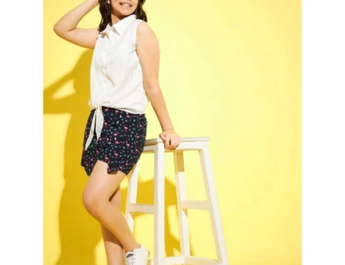 Generic Girl’s Polyester Lurex Printed Sleeveless Top Set (White-Navy)