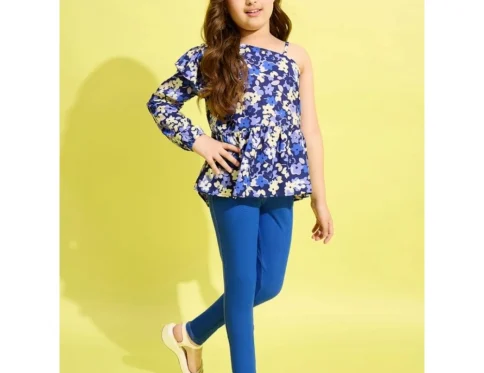 Generic Girl’s Polyester Floral One Shoulder Jeggings Set (Blue)