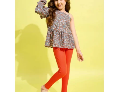 Generic Girl’s Polyester Floral One Shoulder Jeggings Set (Grey-Orange)