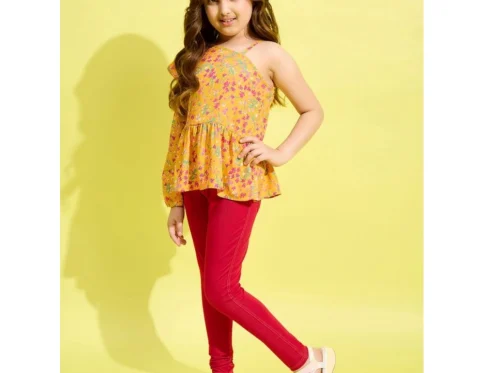 Generic Girl’s Polyester Floral One Shoulder Jeggings Set (Yellow-Red)