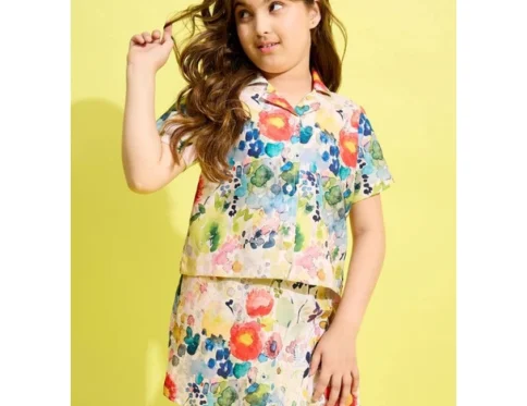 Generic Girl’s Polyester Cotton Blend Pattern-Floral Short Sleeves Skorts Set (Multicolor)