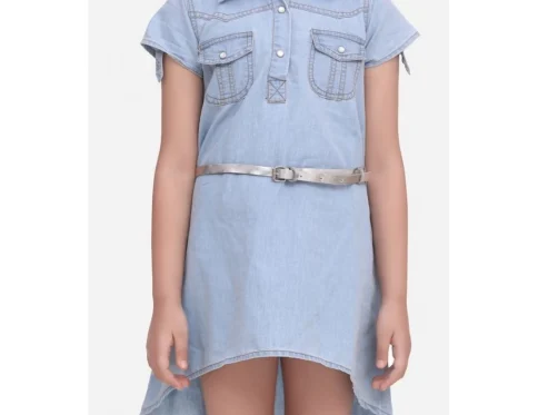 Generic Girl’s Denim Hi Lo Short Sleeve Dress with Belt (Blue)