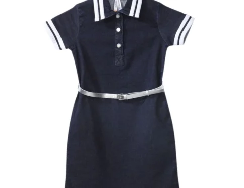 Generic Girl’s Denim Lycra Ribbed Elasticated Dress with Belt (Navy Blue-White)
