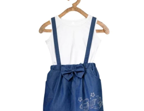 Generic Girl’s Denim Embellished Sleeveless Skirt with inner (Dark Blue)