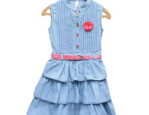 Generic Girl’s Denim Embellished Sleeveless Dress with Belt (Light Blue)