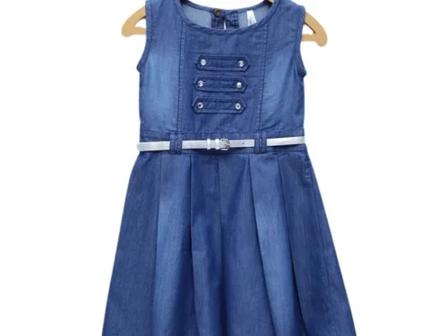 Generic Girl’s Denim Embellished Sleeveless Dress with Belt (Blue)