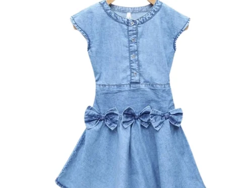 Generic Girl’s Denim Embellished Cap Sleeve bow Dress (Light Blue)