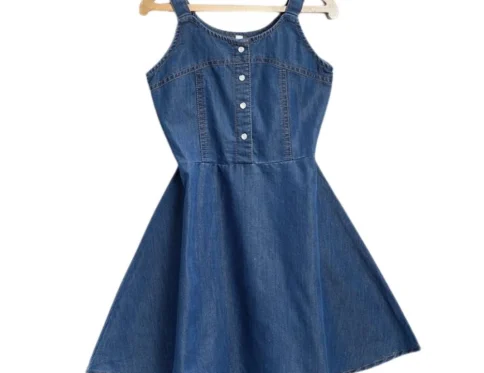 Generic Girl’s Denim Printed Short Sleeve Dress with Straps (Blue)