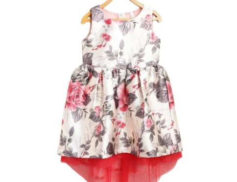 Generic Girl’s Polyester & Net Inset Sleeveless Dress with Net Inset (Off White)