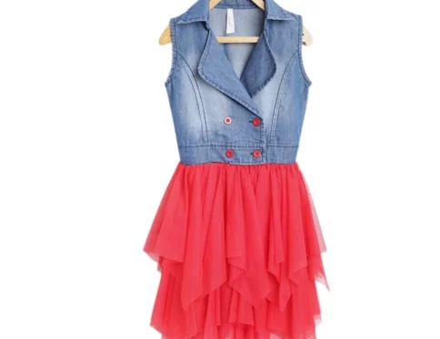 Generic Girl’s Denim Roll Up Buttoned Dress (Blue-Red)