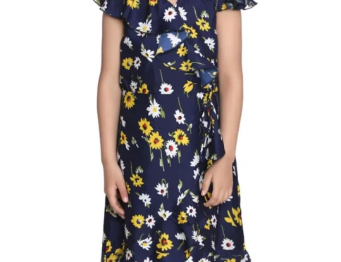 Generic Girl’s Polyester Crepe Polka Cold Shoulder Dress (Navy Blue)