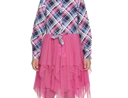Generic Girl’s Polyster Crepe Lace Inserts Long Sleeves Dress (Pink-Blue)