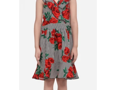 Generic Girl’s Polyester Crepe Floral Shoulder Straps Dress (Red)