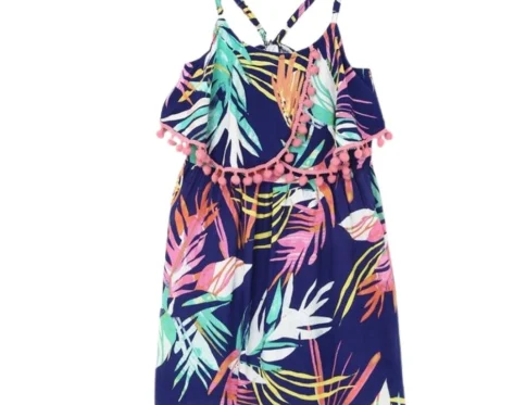 Generic Girl’s Rayon Printed Shoulder Straps Dress (Navy Blue)